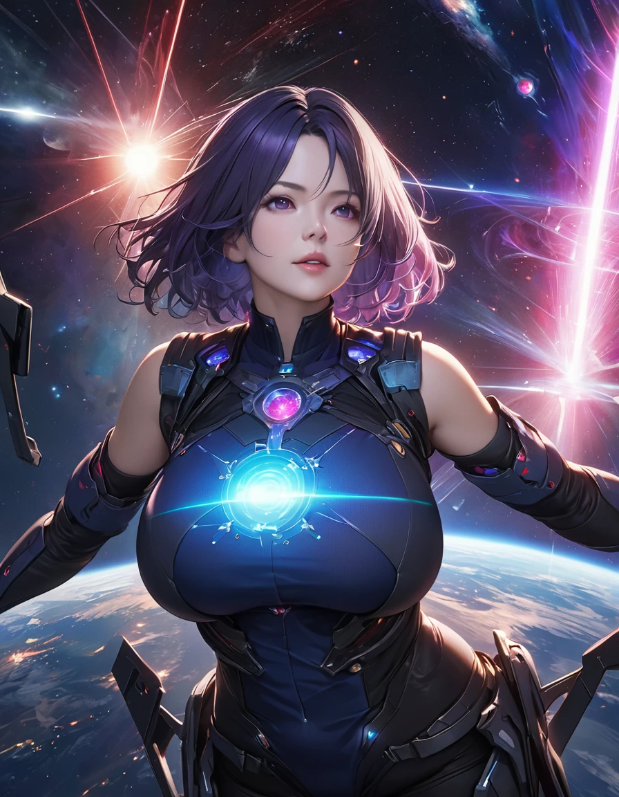 Beautiful mature woman,(High resolution,8k wallpaper,masterpiece,Highest quality,Depth of region,Anatomically accurate depiction),((女性universe飛行士:1.5)),(universe服),(Purple eyes,Large Breasts,),background:universe,(universe船の爆発,beam,laser),cockpit,(((universe戦争)))