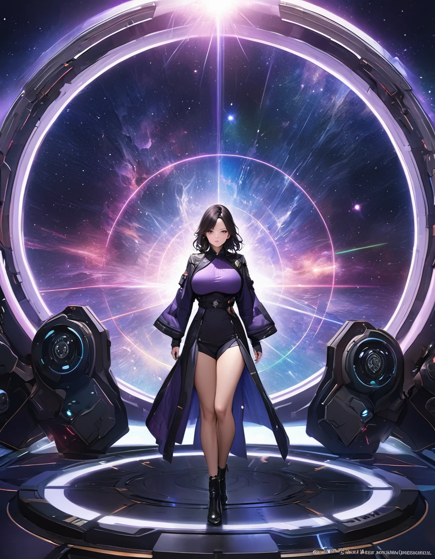 Beautiful mature woman,(High resolution,8k wallpaper,masterpiece,Highest quality,Depth of region,Anatomically accurate depiction),((女性universe飛行士:1.5)),(universe服),(Purple eyes,Large Breasts,),background:universe,(universe船の爆発,beam,laser),cockpit,(((universe戦争)))