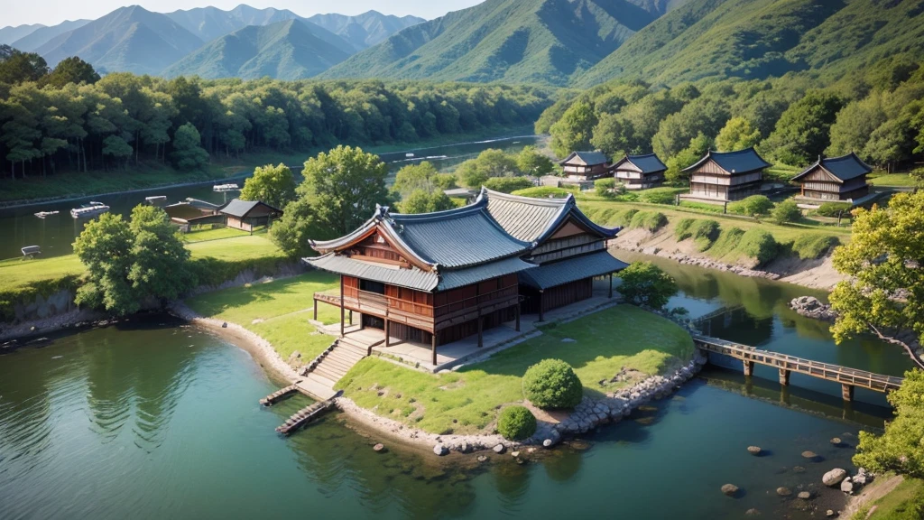Beautiful Japanese village scene. Aerial view, Photorealistic photos, High definition, 8K