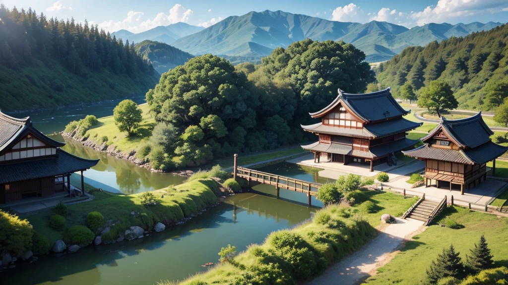 Beautiful Japanese village scene. Aerial view, Photorealistic photos, High definition, 8K