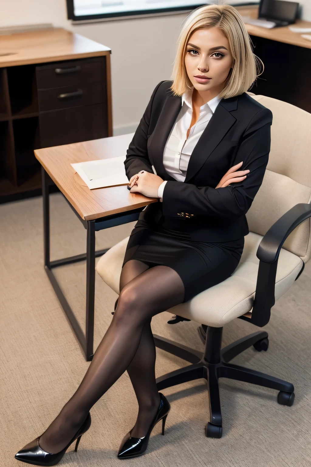 high quality,16K:1.1),((, Ukrainian woman sitting in an office chair, Blonde Hair,Short Haircut、((business suit、 Pencil Skirt)), tights, Curvy,(View your viewers:1.3),(Full Body Shot:1.2),(Background is Office 1.2),

