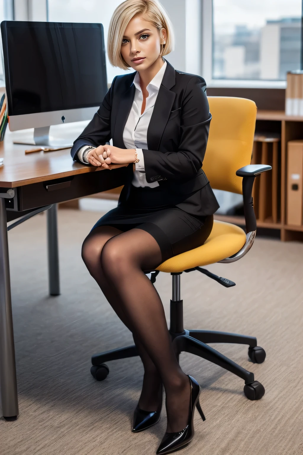 high quality,16K:1.1),((, Ukrainian woman sitting in an office chair, Blonde Hair,Short Haircut、((business suit、 Pencil Skirt)), tights, Curvy,(View your viewers:1.3),(Full Body Shot:1.2),(Background is Office 1.2),

