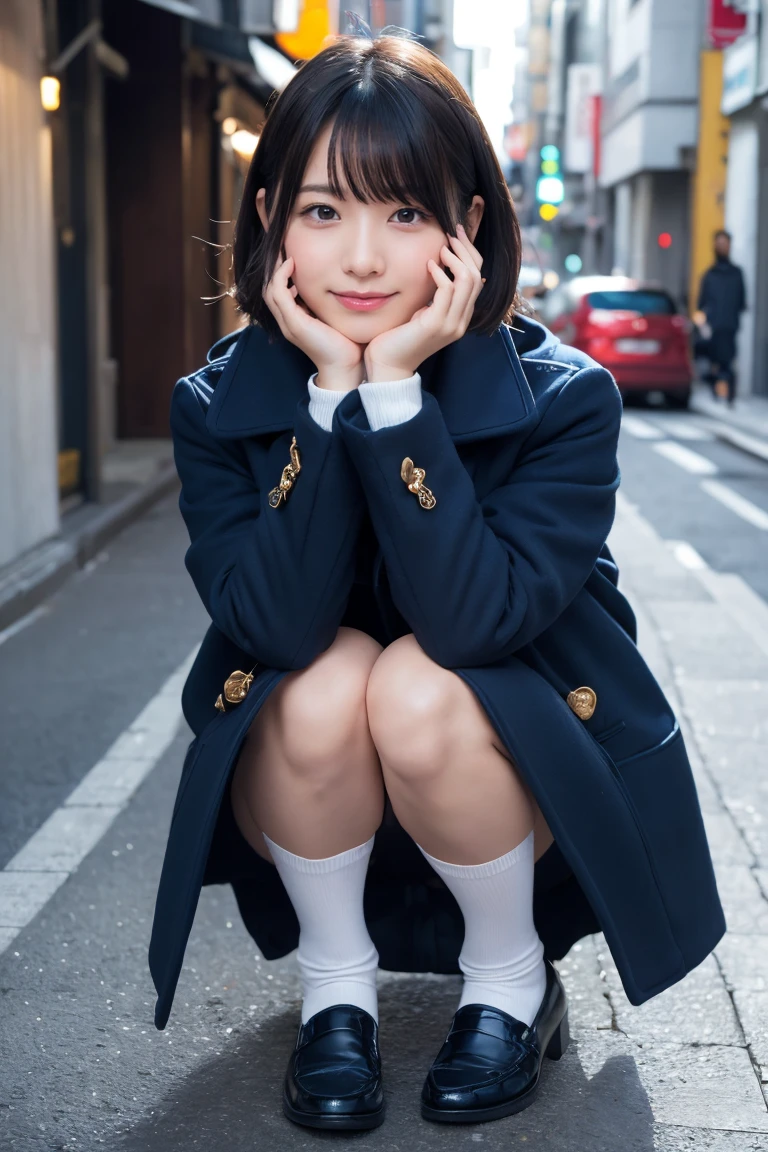 Highest quality, masterpiece, Ultra-high resolution, (Realistic:1.4), Raw photo, Very detailed, Perfect Anatomy, One girl, 12 years old, Most popular Japanese idols, Squat down with your feet tightly together, Put your hand on your cheek, On the streets of Japan in winter, An innocent smile, View your viewers, ((Panty shot, Under the skirt):1.3), (((Wearing white panties))), Detailed white panties, Very beautiful thighs and knees, ((extremely beautiful detailed crotch Wearing white panties)), Very beautiful legs, (She is wearing a navy blue pleated skirt and a brown duffle long coat.), Navy blue pleated skirt with attention to detail, Brown duffle long coat with attention to detail, Wearing black loafers and white socks on both feet, Very cute face like a famous Japanese idol, Very beautiful big black round eyes, Very beautiful black short hair, Cute face with attention to detail, Large, detailed, round black eyes, Detailed beautiful short black hair