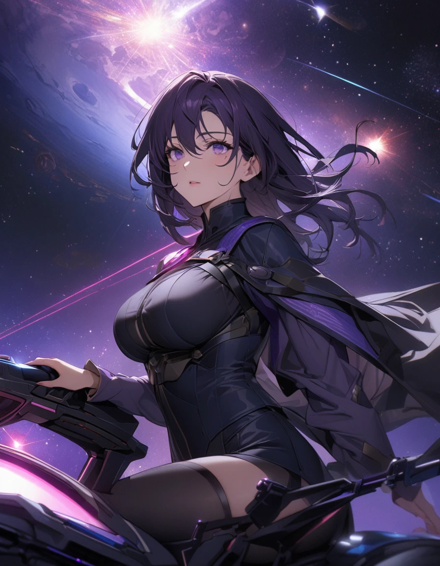 Beautiful mature woman,(High resolution,8k wallpaper,masterpiece,Highest quality,Depth of region,Anatomically accurate depiction),((女性universe飛行士:1.5)),(universe服),(Purple eyes,Large Breasts,),background:universe,(universe船の爆発,beam,laser),cockpit,(((universe戦争)))