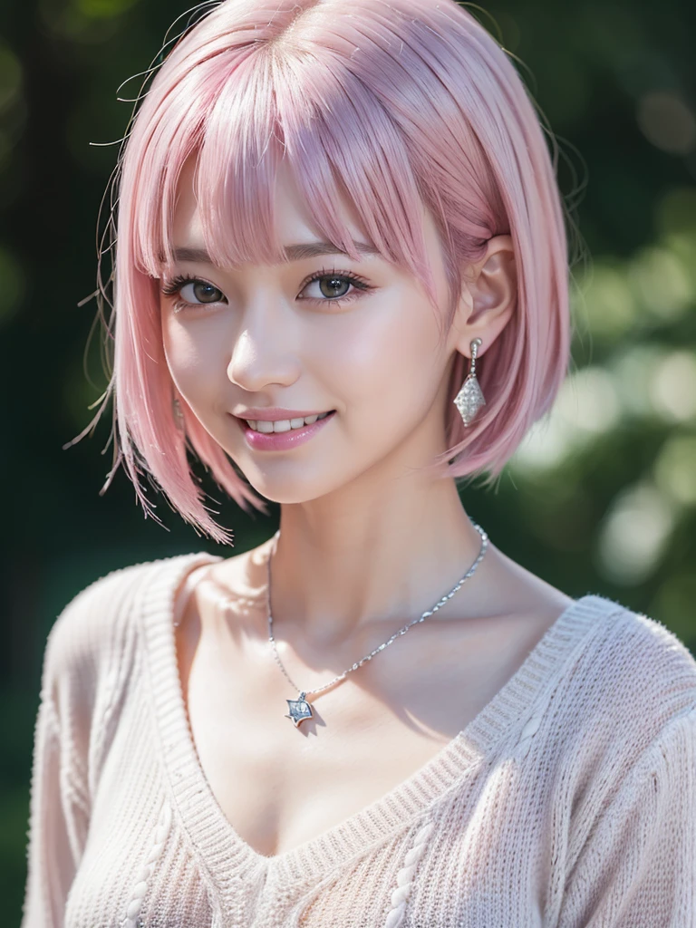 (8K, Highest quality, masterpiece:1,2), (Realistic, Realistic:1.37), Super detailed, One Girl,), (Very detailedな), (Beautiful and detailed), (Highest quality), (Very detailed ), (masterpiece), (Detailed face),20-year-old, ,1 Girl, ((Pink Hair,Very short hair)), Dressed, Perfect lighting,  (White sweater:1.2),  (Silver Earrings:1.1), (Silver Necklace:1.1) Cut the left bangs, Pin on right ear, smile, Teeth are visible, Eyes staring at the camera, Place one&#39;Right hand in one&#39;Coat pocket, place your left hand on your hip, Put your right foot forward, The left leg is bent, Urban Background, Dark colors, Contrast, Evening Light, Light from the left, Right Shadow, Coat and tights texture,head shot