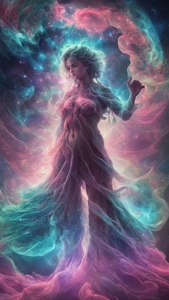 inconceivable and spectacular a scene of emergence of a figure from the glowing cloud, fractal nebula threads, cosmic entities, celestial, cosmic, vibrant and vivid, swirls, twirling, unrealistic, high contrast, symobolism, magical, mystical, mystifying, hyperrealistic, oversaturate, colorfully