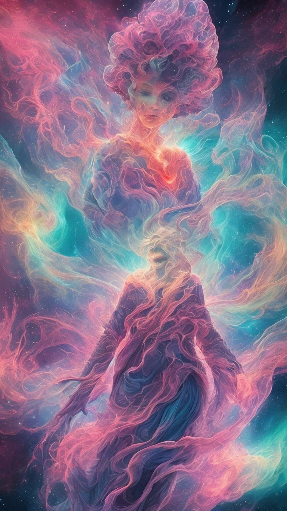 inconceivable and spectacular a scene of emergence of a figure from the glowing cloud, fractal nebula threads, cosmic entities, celestial, cosmic, vibrant and vivid, swirls, twirling, unrealistic, high contrast, symobolism, magical, mystical, mystifying, hyperrealistic, oversaturate, colorfully