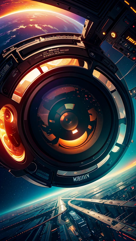 (Fisheye Lens),icon, logo, Very wide white background, Superior quality, masterpiece, 8K, Depth of written boundary, Intricate details, (unmanned), Very large margins, Lots of text, Corporate logo, space, motif, Symbolism, Looks like a movie poster, Fisheye Lens, Abandoned Factory, Lots of wires, spacecraft, moon, Solar flare, (sunset)