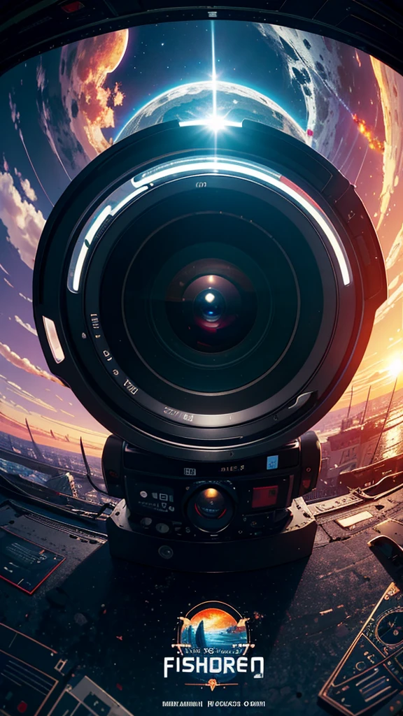 (Fisheye Lens),icon, logo, Very wide white background, Superior quality, masterpiece, 8K, Depth of written boundary, Intricate details, (unmanned), Very large margins, Lots of text, Corporate logo, space, motif, Symbolism, Looks like a movie poster, Fisheye Lens, Abandoned Factory, Lots of wires, spacecraft, moon, Solar flare, (sunset)