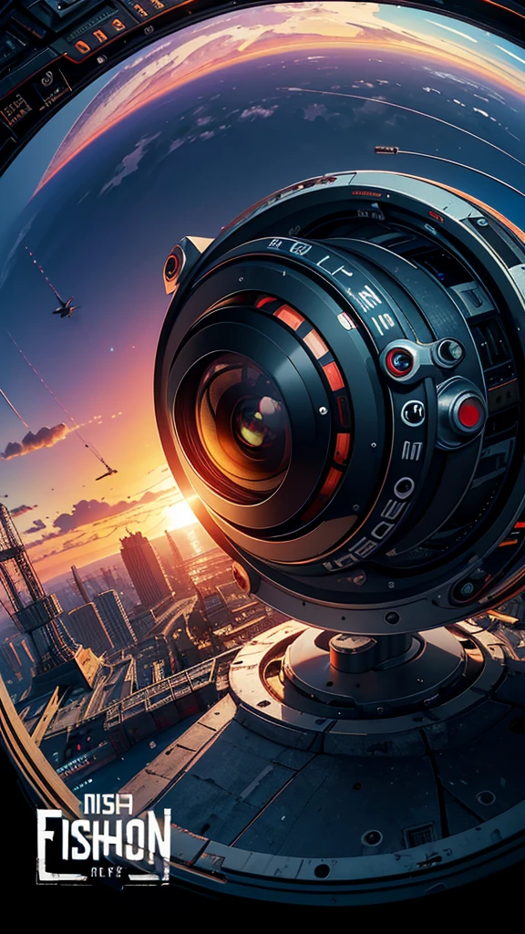 (Fisheye Lens),icon, logo, Very wide white background, Superior quality, masterpiece, 8K, Depth of written boundary, Intricate details, (unmanned), Very large margins, Lots of text, Corporate logo, space, motif, Symbolism, Looks like a movie poster, Fisheye Lens, Abandoned Factory, Lots of wires, spacecraft, moon, Solar flare, (sunset)