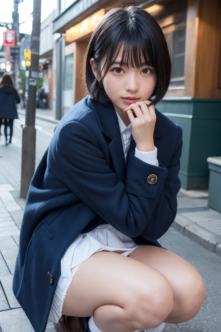 Highest quality, masterpiece, Ultra-high resolution, (Realistic:1.4), Raw photo, Very detailed, Perfect Anatomy, One girl, , Most popular Japanese idols, Squat down with your feet tightly together, Put your hand on your cheek, On the streets of Japan in winter, An innocent smile, View your viewers, ((Panty shot, Under the skirt):1.3), (((Wearing white panties))), Detailed white panties, Very beautiful thighs and knees, ((extremely beautiful detailed crotch Wearing white panties)), Very beautiful legs, (She is wearing a navy blue pleated skirt and a brown duffle long coat.), Navy blue pleated skirt with attention to detail, Brown duffle long coat with attention to detail, Wearing black loafers and white socks on both feet, Very cute face like a famous Japanese idol, Very beautiful big black round eyes, Very beautiful black short hair, Cute face with attention to detail, Large, detailed, round black eyes, Detailed beautiful short black hair