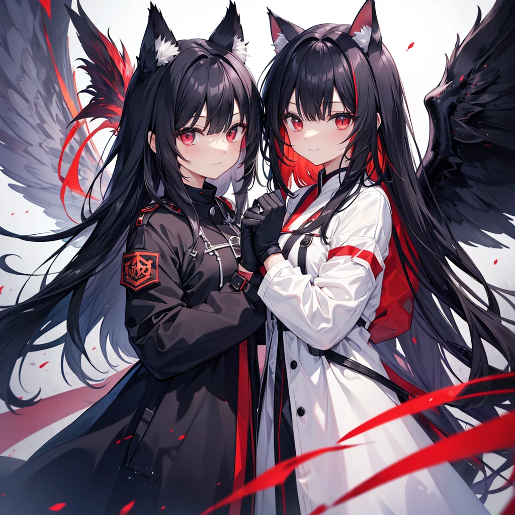 (((Fantasy　Black Hair　Dye the inside of your hair red　Long Hair　Dull red eyes　Cat ear　Beastman　Pad)))　((I have a crystal　uniform　Put on a coat without putting your arms through it　Wings many times larger than mine　Center close-up))　((Smile　gloves))　(Light　star)　Catch the wind　Shining Background　Lightの粒子, rainbow colored edges