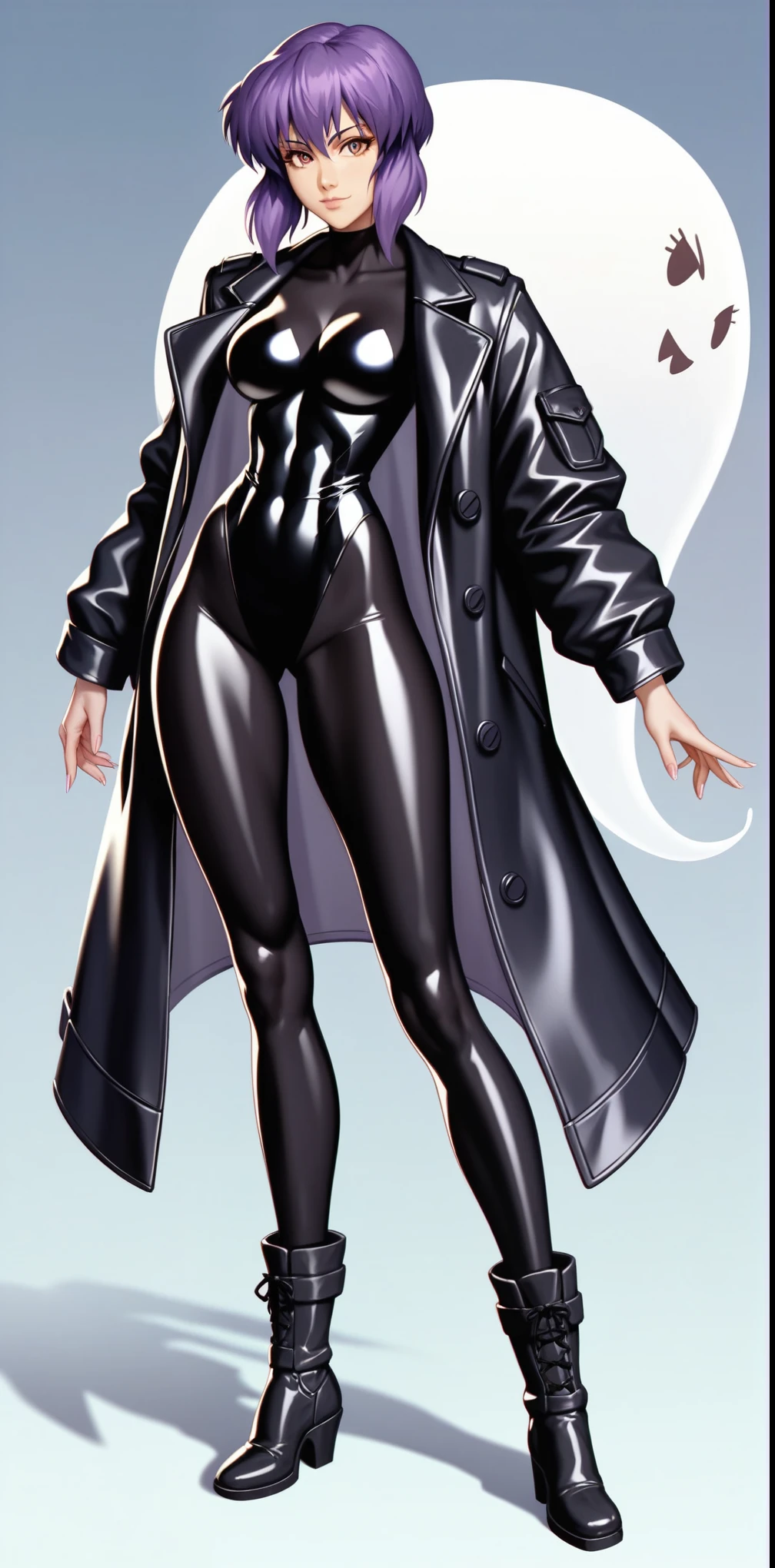 (((By masamune shirow))), ((ghost in the shell:0.9)), ((motoko Kusanagi)), solo, 1girl, young woman, digitally drawn art, woman, (((shiny, semi-realistic detailed latex leotard))), (black crop jacket), ((long black pants:1.0)), ((calf high boots)), anime styled, female anime character, character art, full body single character