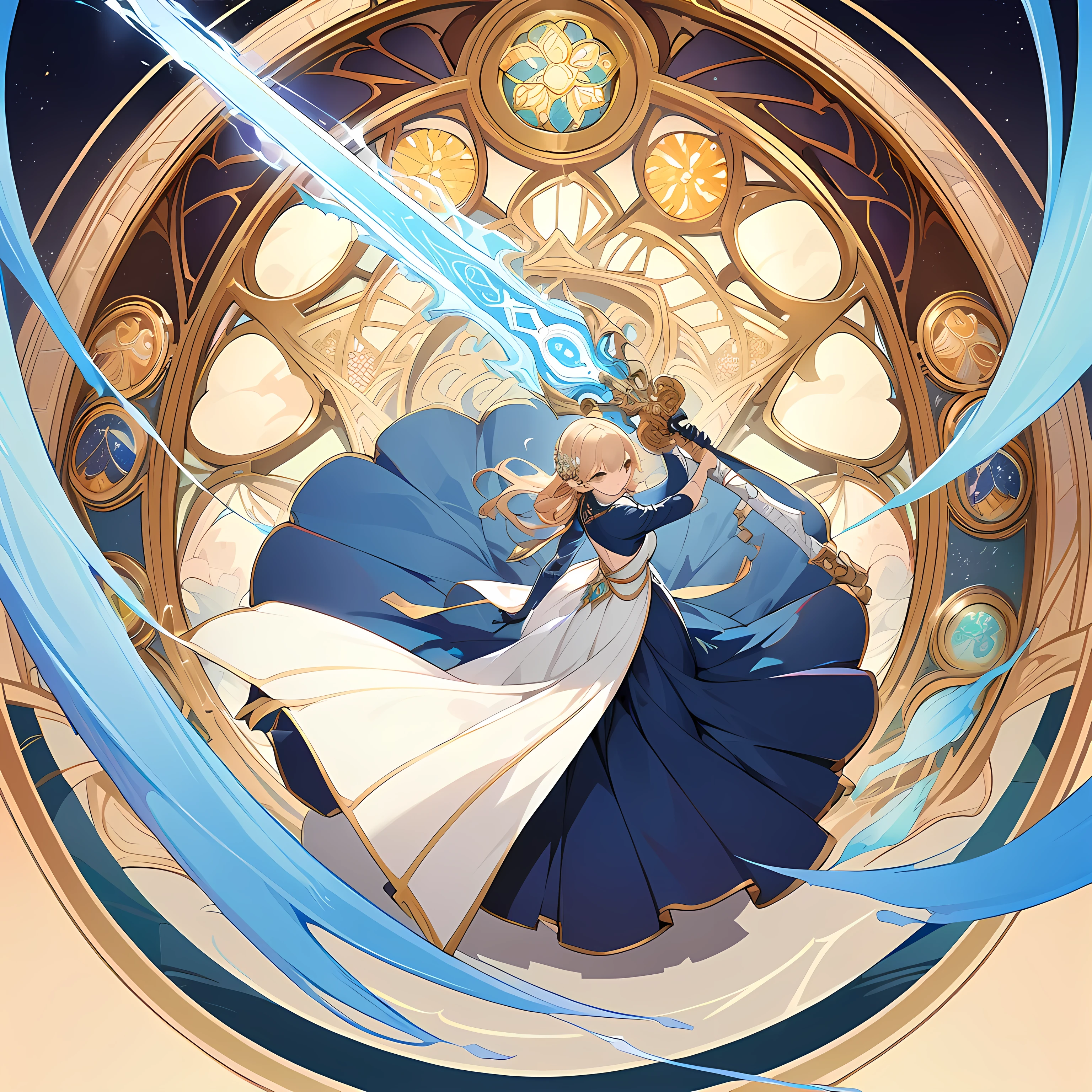 (((Overhead View:1.9)))，telephoto lens, abstract background, official art, extremely detailed CG unity 8k wallpaper, highly detailed, female, elf, ribbon, bracelet, drop earrings, jewelry, wedding dress, holding (((((glowing greatsword)))), theater, stain glass, genshin impact, (Posing dynamic action:1.4), Dark blue silk dress, Gold luminous skirt, Blue petals flying, Cold light tone, illustration, ((art nouveau)), masterpiece, best quality，Slashing action，Wield a giant sword，Unparalleled momentum，