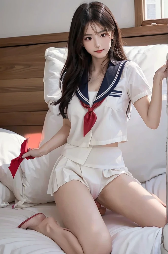 ((highest quality, 8K, masterpece :1.4,アニメ)), highest real,Sharpness:1.3, Perfect Body Beauty:1.4,super detailed face and skin texture,((Super Real,best quality)),(soft lighting),super detailed face, fine eyes, double eyelid,(ass pov),(((1 girl))),((make eye contact with the audience)),((Composition from the front:1.4)),fine detail,highly detailed face and eyes, (cute face:1.6), ((NSFW:1.6)), my sister,18years old,(huge breasts :2,beautiful areola,small areola),(Glowing skin),---//background//---(Inside the In school, in the classroom, bright room, large windows, sunlight shines in)---//Hairstyle//---(Beautiful BLACK hair:1.2,Loose and fluffy perm:1.4)---//expression//---(SMILE FACE:1.4)),--//Pause//---((lie on your back on the bed:1.8)),((open legs:1.6)),(penis in pussy),((cum in pussy:1.4)),(close up pussy:1.4))---//clothing//---((school uniform:1.4,sailor suit:1.4,RED RIBBON TIE:1.4)),((she is wearing an white shirt:1.5)),(RED SKIRT:1.2,Red and white check pattern:1.2))---//Titty fuck//---(((LONG penis, breasts blowjob, paizuri:1.5, penis is between breasts, penis in breasts, breast squeeze,press breasts together,Close your breast with both hands))),((Licking penis,like facial,cum in mouth))
