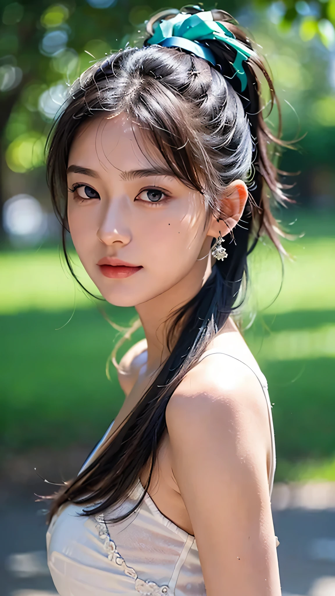 dress,outdoors,Urban Park,On the lawn,One woman,close up face,fully body photo,masutepiece, The highest image quality, High quality, the background is clear,Beautiful woman, Japanese, Detailed, Ultra-detailed, finely detail, hight resolution, 8K Wallpaper, Perfect dynamic composition, Beautiful detailed eyes ,Detailed eyes, Detailed skin, Beautiful skin, 超hight resolution, (reality: 1.4),Very beautiful woman, Slightly younger face, Beautiful skin, slender, (Ultra photo realsisim), (hight resolution), (8K), (Very detailed) (beautifully detailed eyes), (super detailed), (Detailed face), view the viewer, Fine details, Detailed face, Staring straight ahead, Staring straight ahead, photos realistic, Bright lighting, Professional Lighting, Black hair,poneyTail,a baby face,sixteen years old,Hairstyle: ponytail,Long ponytail hairstyle,slight smile,