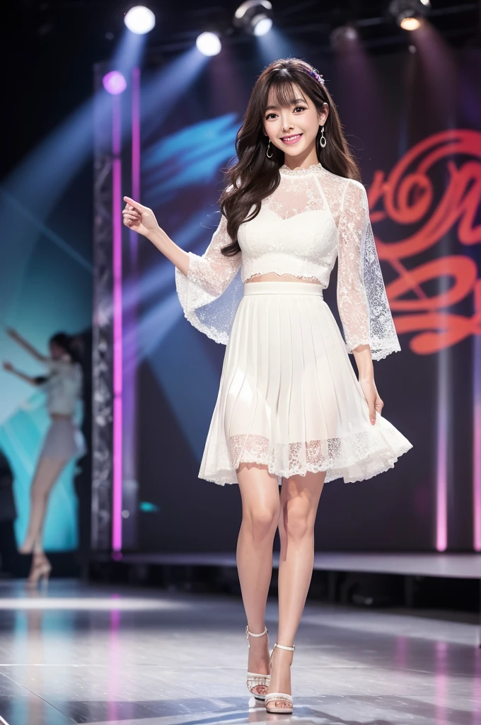 Amazingly large eyes、Smiling expression with white teeth visible、H cup bust、50cm waist、Slender and fair-skinned、Japan woman with long hair、20-year-old、Slim figure、Wearing a pleated skirt and a sheer lace blouse that flutters in the vivid breeze、Wearing high heels。On the runway at a fashion show、Her whole body was shown, from her high heels to her head, as she walked towards the viewer.、Bright, photo-quality images。