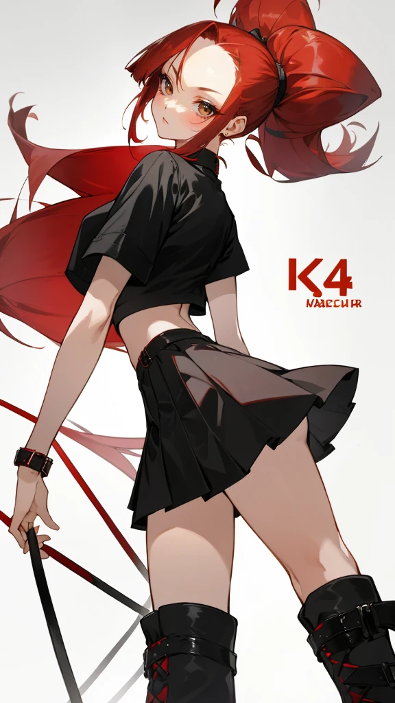best quality, masterpiece, perfect anatomy, 4k, One woman, Red hair, long all-back hair, Forehead showing, all-back bangs, overconfident attitude, mean smile, smiling a little, cool vibes,
rock fashion, pleated skirt, long boots