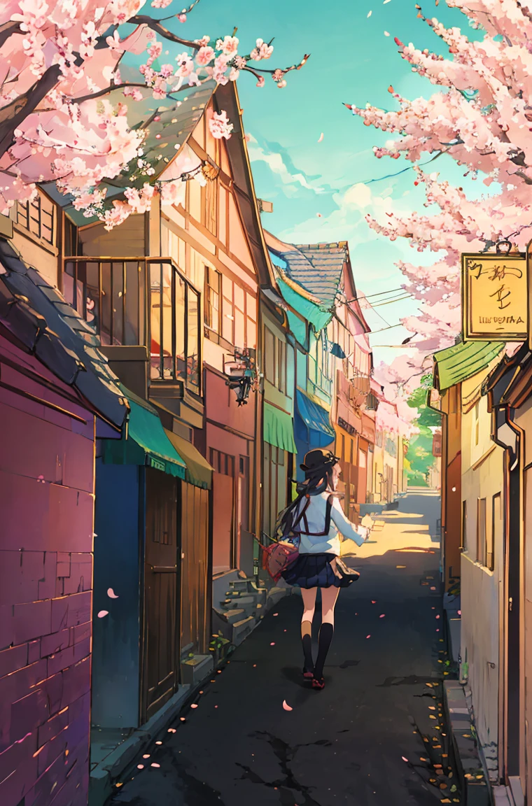 「In the season when cherry blossoms fall、A memorable scene depicting elementary school boys and girls running around happily。In the background is a picturesque street lined with cherry trees in full bloom.、Petals are flying in the air。The light shines through the branches、Casting speckled shadows on the road。The children are wearing uniforms、The boy wears shorts and a hat、The girl is wearing a skirt and has her hair tied with a ribbon.。As they enjoy a typical moment of spring、The expression should be one of joy and surprise.。」