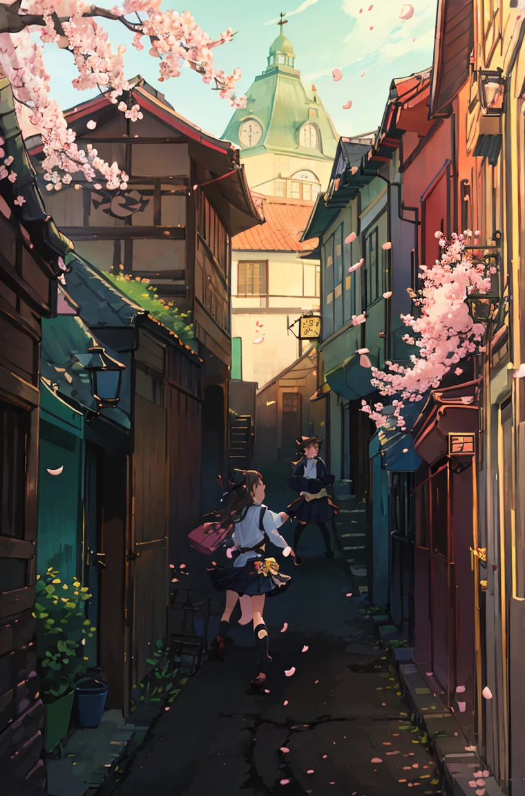 「In the season when cherry blossoms fall、A memorable scene depicting elementary school boys and girls running around happily。In the background is a picturesque street lined with cherry trees in full bloom.、Petals are flying in the air。The light shines through the branches、Casting speckled shadows on the road。The children are wearing uniforms、The boy wears shorts and a hat、The girl is wearing a skirt and has her hair tied with a ribbon.。As they enjoy a typical moment of spring、The expression should be one of joy and surprise.。」