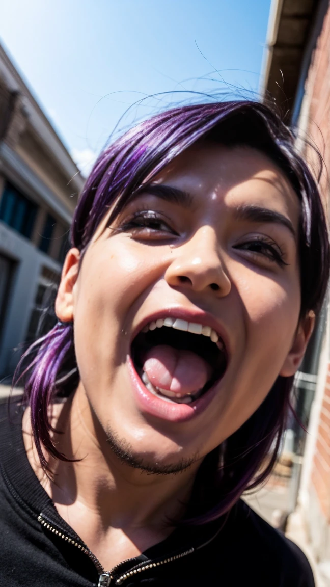 STRANGE MAN, OPEN MOUTH, STRANGE HAIR, ANIMI, STAND DIRECT TO THE CAMERA, HAS PURPLE HAIR