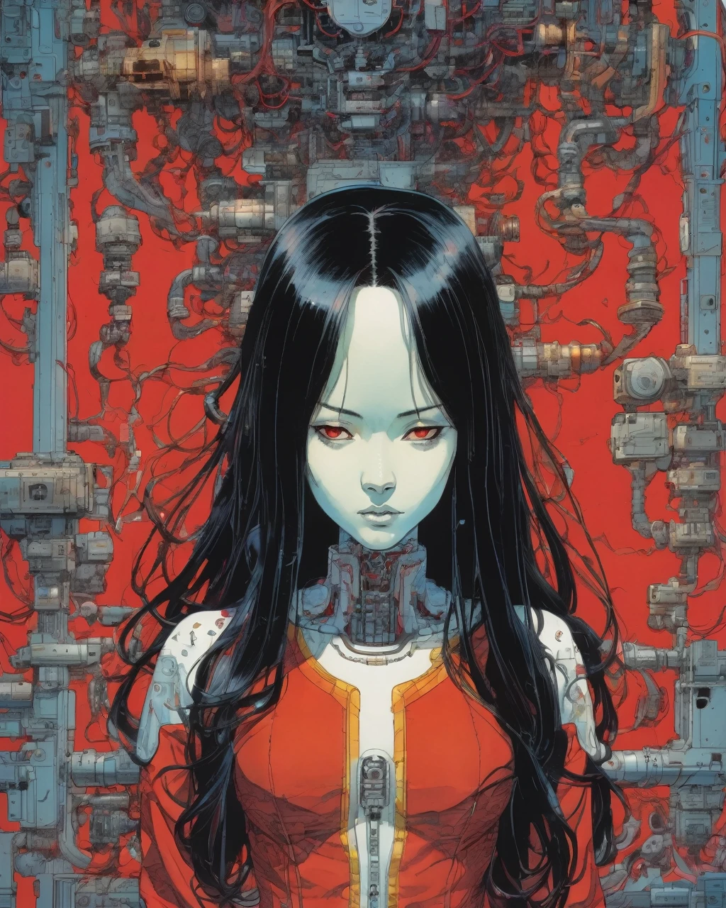 1 demonic cyborg woman , Tubes connected to the wall、Beautiful long black hair praying、Mechanical Limbs、Red turtleneck、Tight skull
(color ink painting by  Katsuhiro Otomo, Moebius, Victo Ngai Katsuya Terada, Aaron Horkey )