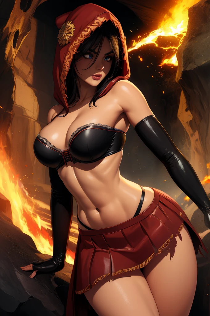 Dsorceress, shadowy face,dark cave, fire, hood, shadowed face, strapless bra, slim and athletic body, miniskirt, no panty, elbow gloves, dark skin, 1 girl (insanely detailed, masterpiece, best quality)