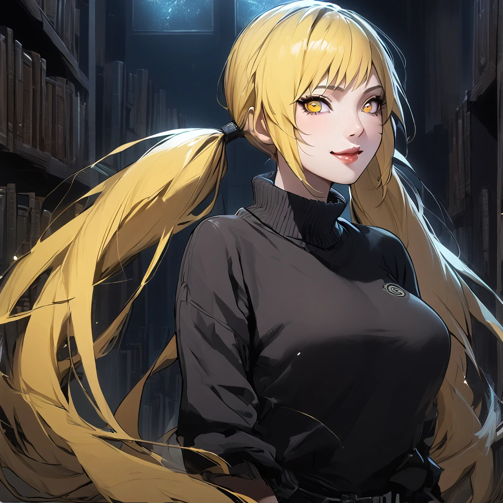 1girl, female Naruto , Naruto female version, solo, very long_hair, ((high twintail)) yellow eyes, ((very long yellow_hair)), night view, breasts, upper_body, smile, indoors, book, bangs, yellow_eyes, lips, (yellow hair)  wearing black color sweater, breast, "very detailed and high resolution" (yellow eyes) ((smooth texture hair)) ((solo)) ((high resolution)) (Good quality),((front view))