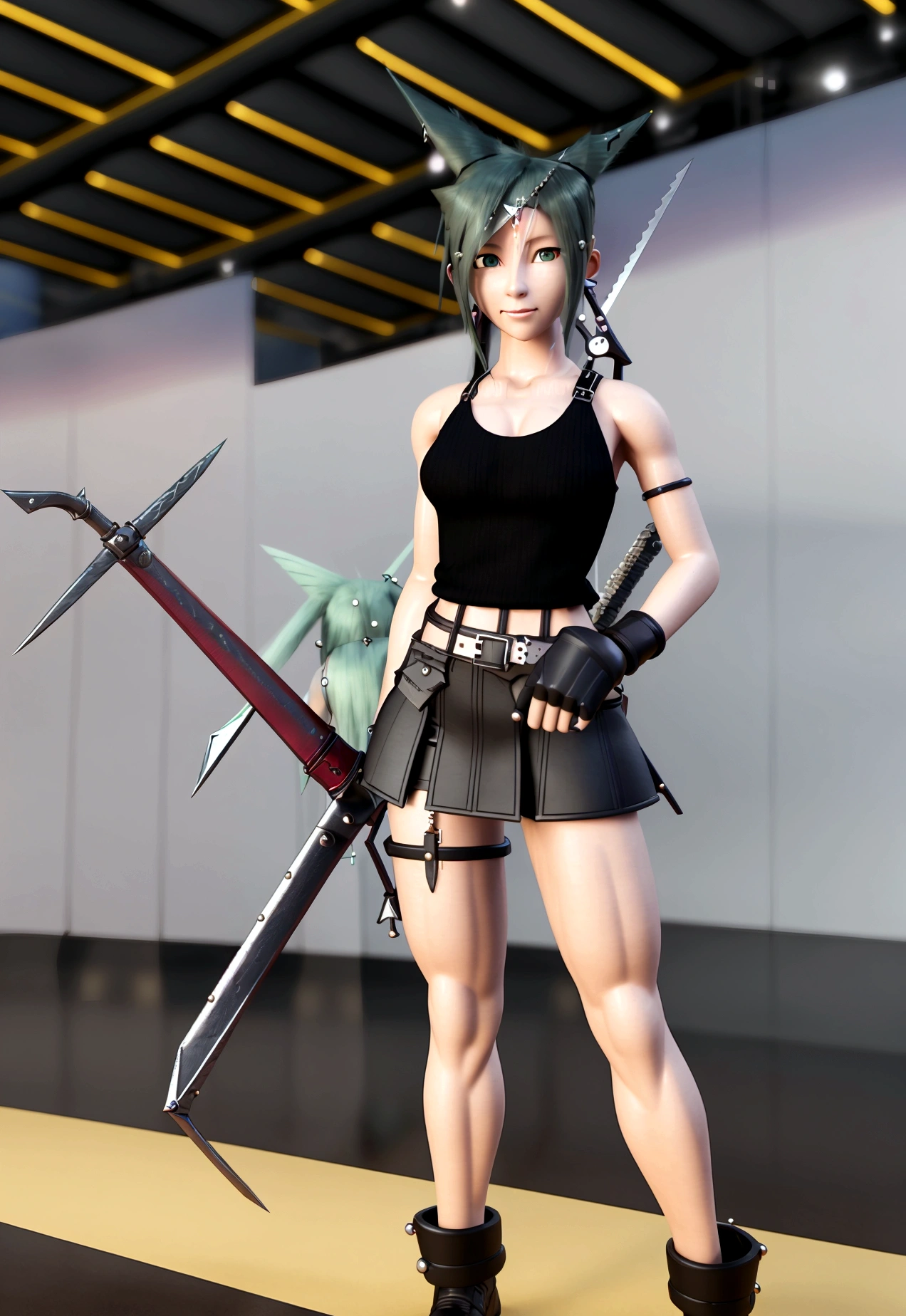 (1girl:1.3), (tifa lockhart (final fantasy vii):1.5), (cosplayer:1.2), (at comiket in tokyo:1.3), (cute:1.2), **(mix of 2d and 3d:1.6)**, **(3d model elements:1.5)**, (anime style:1.3), (highly detailed:1.4), (very aesthetic:1.3), (best quality:1.4), (amazing quality:1.4), (absurdres:1.2), (beautiful face:1.3), (perfect eyes:1.2), (perfect nose:1.1), (perfect mouth:1.1), (perfect skin:1.1), (perfect hair:1.3), (long hair:1.2), (black hair:1.2), (bangs:1.1), **(black tank top:1.3)**, **(shoulder straps slipping off:1.2)**, **(black mini skirt:1.3)**, **(toned legs:1.2)**, (red gloves:1.2), (earrings:1.1), **(holding her buster sword on her shoulder:1.4)**, **(confident smirk:1.3)**, (bright colors:1.2), (vibrant:1.2), (depth of field:1.3), (volumetric lighting:1.4), (lens flare:1.1), (bloom:1.2), (golden ratio:1.3), (8k:1.3), (uhd:1.2), (high quality:1.4), (raw photo:1.3), (photorealistic:1.3), (dslr:1.2), (Fujifilm XT3:1.1), (professional photoshoot:1.4), (professional makeup:1.3), (bustling tokyo big sight convention center interior:1.4), **(comiket signage:1.2)**, **(crowds of cosplayers and attendees visible in background:1.3, hatsune miku cosplayer:1.2, photographers:1.1, anime merchandise booths:1.2)**, (bright colorful banners:1.1), (detailed background:1.4)