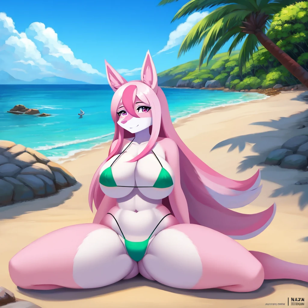 Nazuna_hiwatashi, anthropo, Female One, standing alone, fully body, mocking look, pink  hair, pink tail, peace sign, green micro-bikini, seashore, sitting on the floor , Huge breasted, hips, thick-thighs, digitalpainting, extremely detaild, minute details, legs spread open, facing the spectator, gazing at viewer 