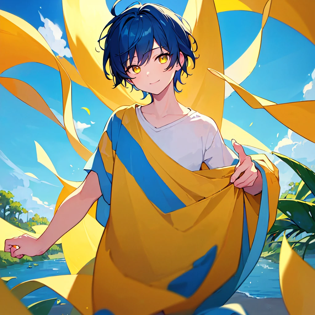 [(SUMMER BACKGROUND:1.5),::5], ((((masterpiece)))), high quality, very_high_resolution, large_filesize, upper body, full color, ((Solo)), ((little boy)), 13 old year, men's short deepblue hair, vivid color, ((yellow eye)), Summer clothes white, animestyle, light smile