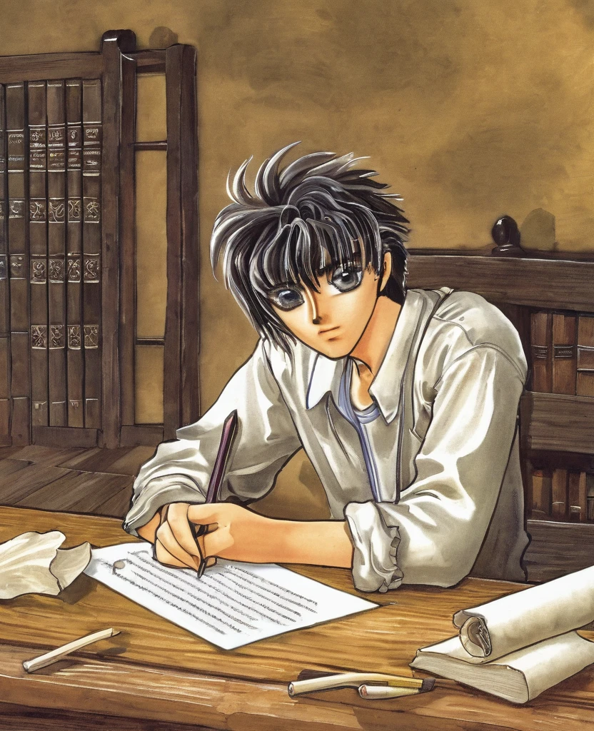 "Create an anime-style close-up artwork of a young boy writing a letter, with detailed, high-quality eyes. He has tousled hair and wears casual attire, sitting at a wooden desk with parchment and an ink quill. His eyes should be the focal point, reflecting the earnestness and concentration of his task. The background should hint at a cozy, well-lit room with bookshelves filled with scrolls and old books, emphasizing the nostalgic and thoughtful atmosphere as he composes his thoughts on paper."