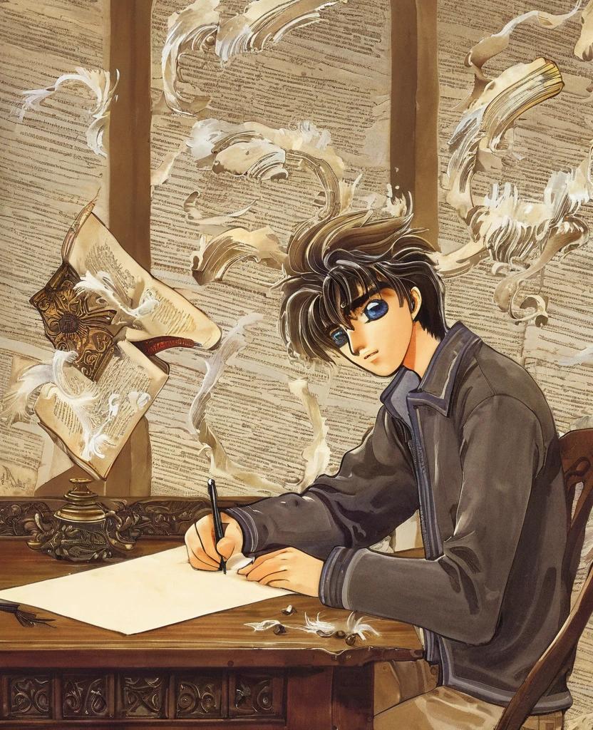 "Create an anime-style close-up artwork of a young boy writing a letter, with detailed, high-quality eyes. He has tousled hair and wears casual attire, sitting at a wooden desk with parchment and an ink quill. His eyes should be the focal point, reflecting the earnestness and concentration of his task. The background should hint at a cozy, well-lit room with bookshelves filled with scrolls and old books, emphasizing the nostalgic and thoughtful atmosphere as he composes his thoughts on paper."