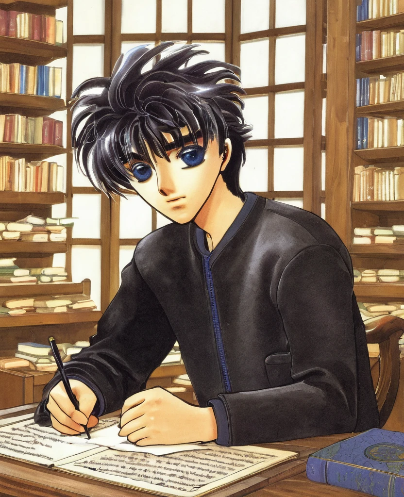 "Create an anime-style close-up artwork of a young boy writing a letter, with detailed, high-quality eyes. He has tousled hair and wears casual attire, sitting at a wooden desk with parchment and an ink quill. His eyes should be the focal point, reflecting the earnestness and concentration of his task. The background should hint at a cozy, well-lit room with bookshelves filled with scrolls and old books, emphasizing the nostalgic and thoughtful atmosphere as he composes his thoughts on paper."