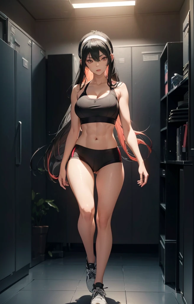 ((1girl, solo)), beautiful body, (perfect anatomy, perfect body, perfect hands, perfect legs), natural proportions, sexy body, large breasts, ((abs)), (((muscular female))), ((full body, full body front)) BREAK
((extremely detailed face)), (beautiful detailed eyes:1.6), (realistic pupils, realistic iris:1), expressive eyes, looking at viewer, (clear eyes:1.3), (hyperrealistic:1.2), (detailed skin texture:1.2), smooth skin, yor briar, ((black hair:1.5), (red eyes:1.5), long hair, hairband, (white hairband:1.3), sidelocks, bangs, ((mature female)), ((little smile)), (detailed lips:1.2), (attractive lips:1.1), (glossy lips:1.1), (parted lips), perfect face, perfect eyes BREAK
((sports bra)), buruma, ass visible through thighs, shoes, (black sportswear), black shorts, midriff BREAK
(masterpiece:1.5), anime-style, top quality, best quality, (beautiful and aesthetic:1.2), (ultra detail:1.5), Ultra-detailed depiction, Ultra-precise depiction, extremely detailed 8k illustration, high resolution, (highly detailed shading:1.2), (realistic lighting:1.4), perfect lighting, vibrant colors, dynamic tones, striking hues, 8k, absurd resolution, perfect shadows, hdr, UHD, ambient lighting, realistic, ultra-realistic, photo realistic, highly detailed, rich detail, luminous colors, fine texture, intricate design, professional illustration, (soft light:1.2), (illustration:0.7)