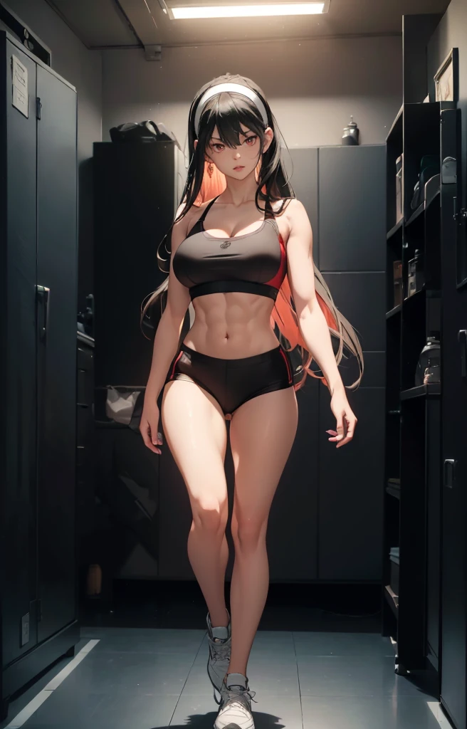 ((1girl, solo)), beautiful body, (perfect anatomy, perfect body, perfect hands, perfect legs), natural proportions, sexy body, large breasts, ((abs)), (((muscular female))), ((full body, full body front)) BREAK
((extremely detailed face)), (beautiful detailed eyes:1.6), (realistic pupils, realistic iris:1), expressive eyes, looking at viewer, (clear eyes:1.3), (hyperrealistic:1.2), (detailed skin texture:1.2), smooth skin, yor briar, ((black hair:1.5), (red eyes:1.5), long hair, hairband, (white hairband:1.3), sidelocks, bangs, ((mature female)), ((little smile)), (detailed lips:1.2), (attractive lips:1.1), (glossy lips:1.1), (parted lips), perfect face, perfect eyes BREAK
((sports bra)), buruma, ass visible through thighs, shoes, (black sportswear), black shorts, midriff BREAK
(masterpiece:1.5), anime-style, top quality, best quality, (beautiful and aesthetic:1.2), (ultra detail:1.5), Ultra-detailed depiction, Ultra-precise depiction, extremely detailed 8k illustration, high resolution, (highly detailed shading:1.2), (realistic lighting:1.4), perfect lighting, vibrant colors, dynamic tones, striking hues, 8k, absurd resolution, perfect shadows, hdr, UHD, ambient lighting, realistic, ultra-realistic, photo realistic, highly detailed, rich detail, luminous colors, fine texture, intricate design, professional illustration, (soft light:1.2), (illustration:0.7)