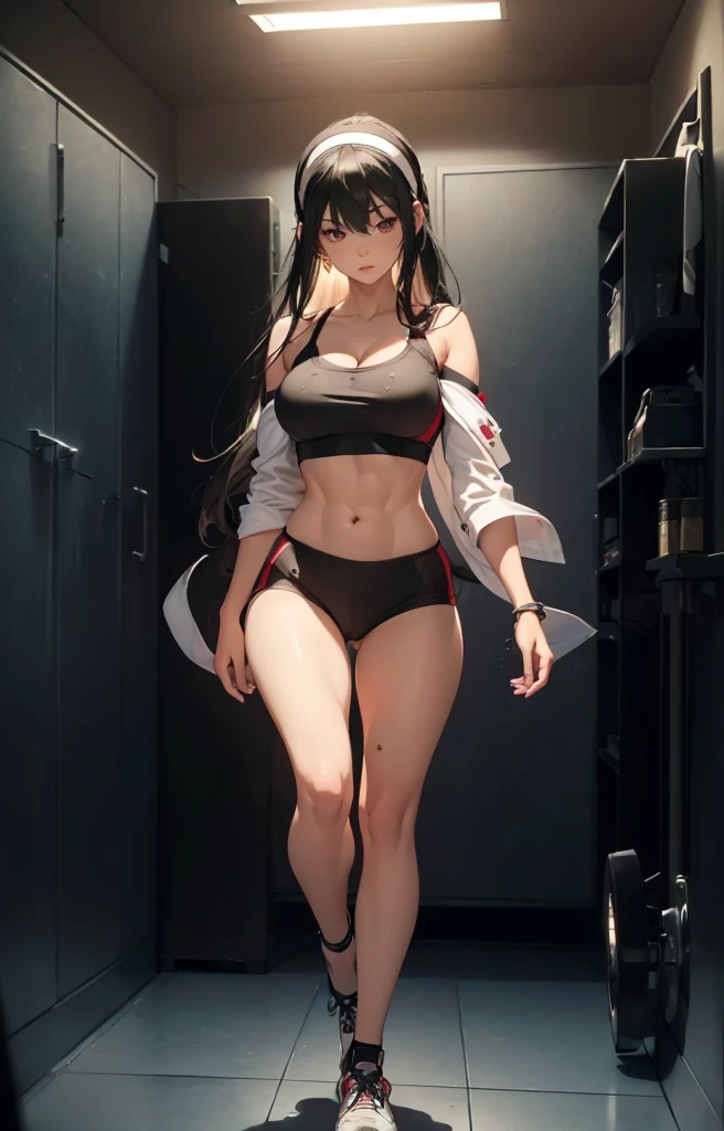 ((1girl, solo)), beautiful body, (perfect anatomy, perfect body, perfect hands, perfect legs), natural proportions, sexy body, large breasts, ((abs)), (((muscular female))), ((full body, full body front)) BREAK

((extremely detailed face)), (beautiful detailed eyes:1.6), (realistic pupils, realistic iris:1), expressive eyes, looking at viewer, (clear eyes:1.3), (hyperrealistic:1.2), (detailed skin texture:1.2), smooth skin, yor briar, ((black hair:1.5), (red eyes:1.5), long hair, hairband, (white hairband:1.3), sidelocks, bangs, ((mature female)), ((little smile)), (detailed lips:1.2), (attractive lips:1.1), (glossy lips:1.1), (parted lips), perfect face, perfect eyes BREAK

((sports bra)), buruma, ass visible through thighs, shoes, (black sportswear), black shorts, midriff BREAK

(masterpiece:1.5), anime-style, top quality, best quality, (beautiful and aesthetic:1.2), (ultra detail:1.5), Ultra-detailed depiction, Ultra-precise depiction, extremely detailed 8k illustration, high resolution, (highly detailed shading:1.2), (realistic lighting:1.4), perfect lighting, vibrant colors, dynamic tones, striking hues, 8k, absurd resolution, perfect shadows, hdr, UHD, ambient lighting, realistic, ultra-realistic, photo realistic, highly detailed, rich detail, luminous colors, fine texture, intricate design, professional illustration, (soft light:1.2), (illustration:0.7)