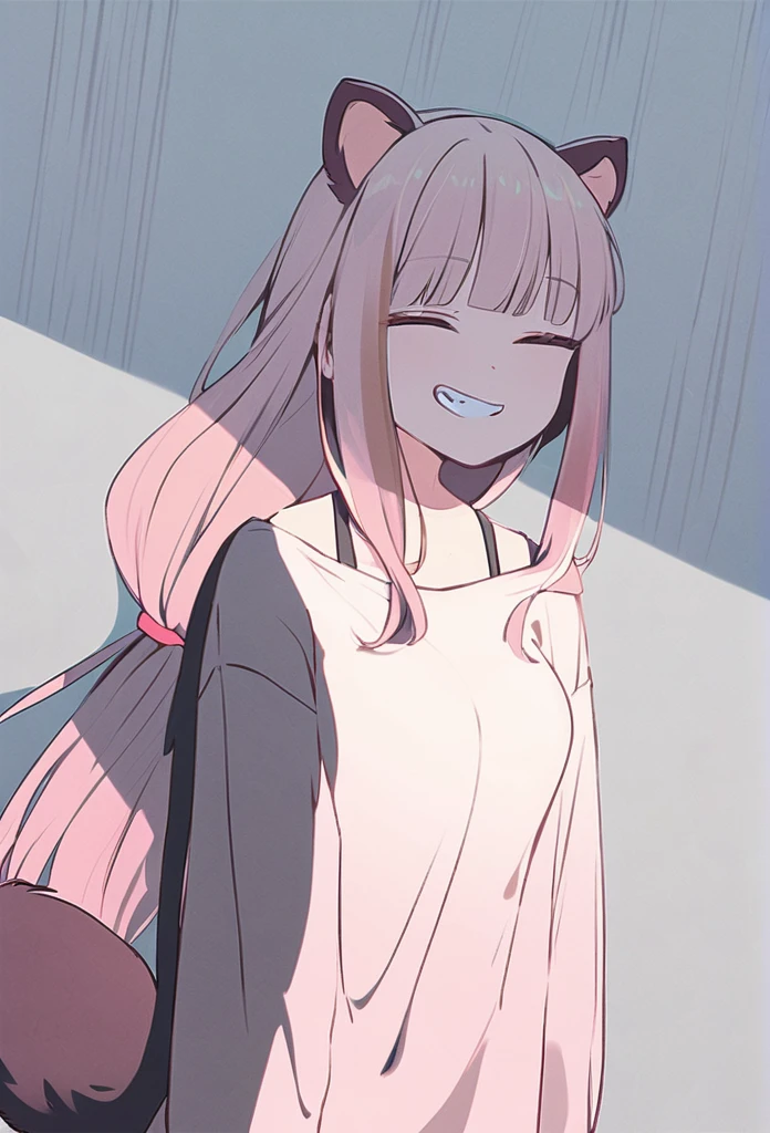 anime,(pale colors:1.8),long shot, 1girl, (on right:1.3), face closed up, solo, cat mouth, dynamic angle, jitome, grin, fang,  pink hair, long hair, straight hair, racoon ears, racoon tail, (brown streaked hair:1.3), side braid, (blunt bangs) ,thick eyebrows, big breast, off shoulder clothes, cutout,  striped background, shadow, 