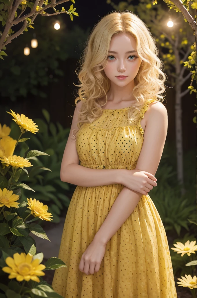 A blonde with light eyes, curly hair falling to the shoulders, with a yellow dress with black printed polka dots, in a flowery garden on a moonlit night