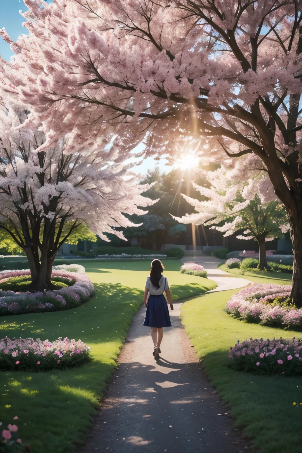 ### Middle Image
**Prompt:**
A scene of a winding path surrounded by flowering trees, representing the journey of life. At the center, the figure of a person walking confidently, Symbolizing Faith and Hope. over the horizon, a bright light suggests a promising future.