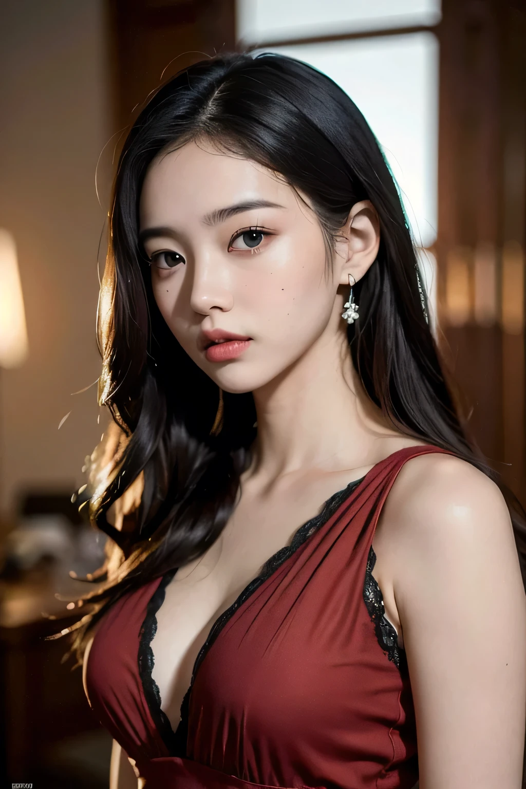 ((Highest quality)), ((masterpiece)), (detailed), Perfect Face,Very detailed,High resolution,26 years old,4K,ultra High resolution,Detailed shadows,ultra realistic,Realistic,Dramatic lighting,One woman,alone,Detailed face,Realistic eyes,Realistic skin,Red dress,Black Hair,Dynamic pose