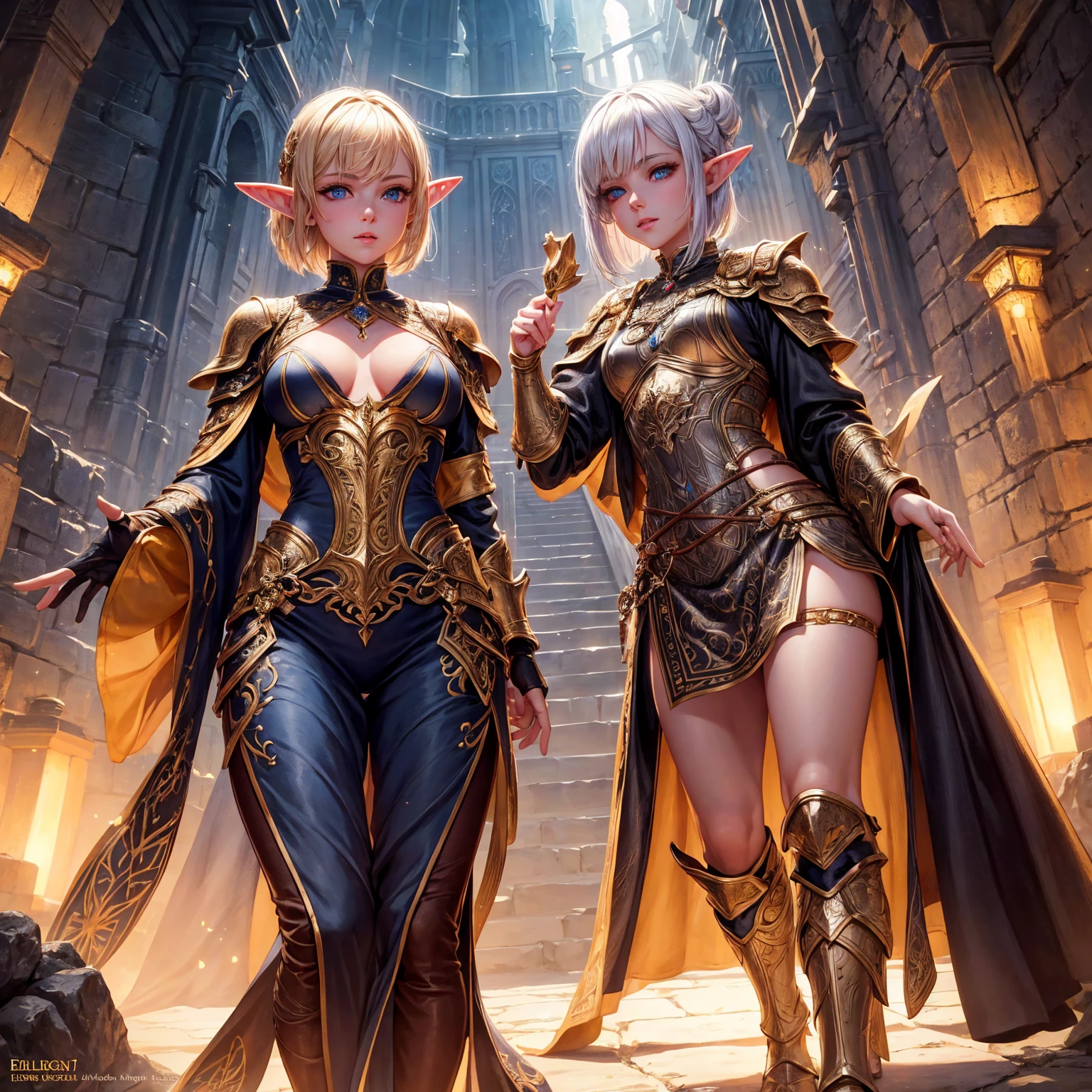 1girl, elf, short bob gold hair, gold hair!!!, very small breasts, long pointed ears, blue eyes, fair skin, happy face, white heavy armor plate, full body, full body, night, dark cave, light magic, very sexy body, detailed face, beautiful detailed eyes, beautiful detailed lips, extremely detailed eyes and face, long eyelashes, detailed clothing, intricate details, highly detailed, photo realistic, 8k, best quality, masterpiece, cinematic lighting, dramatic lighting, vibrant colors, fantasy, digital art, concept art