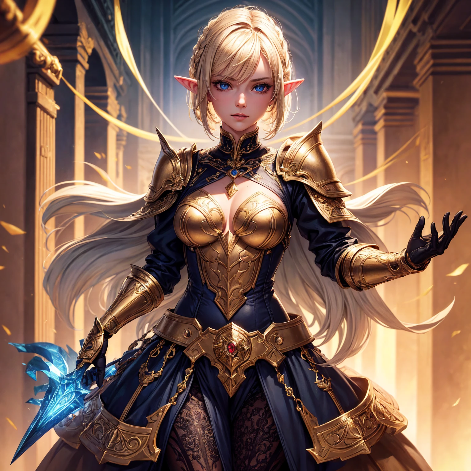 1girl, elf, short bob gold hair, gold hair!!!, very small breasts, long pointed ears, blue eyes, fair skin, happy face, white heavy armor plate, full body, full body, night, dark cave, light magic, very sexy body, detailed face, beautiful detailed eyes, beautiful detailed lips, extremely detailed eyes and face, long eyelashes, detailed clothing, intricate details, highly detailed, photo realistic, 8k, best quality, masterpiece, cinematic lighting, dramatic lighting, vibrant colors, fantasy, digital art, concept art