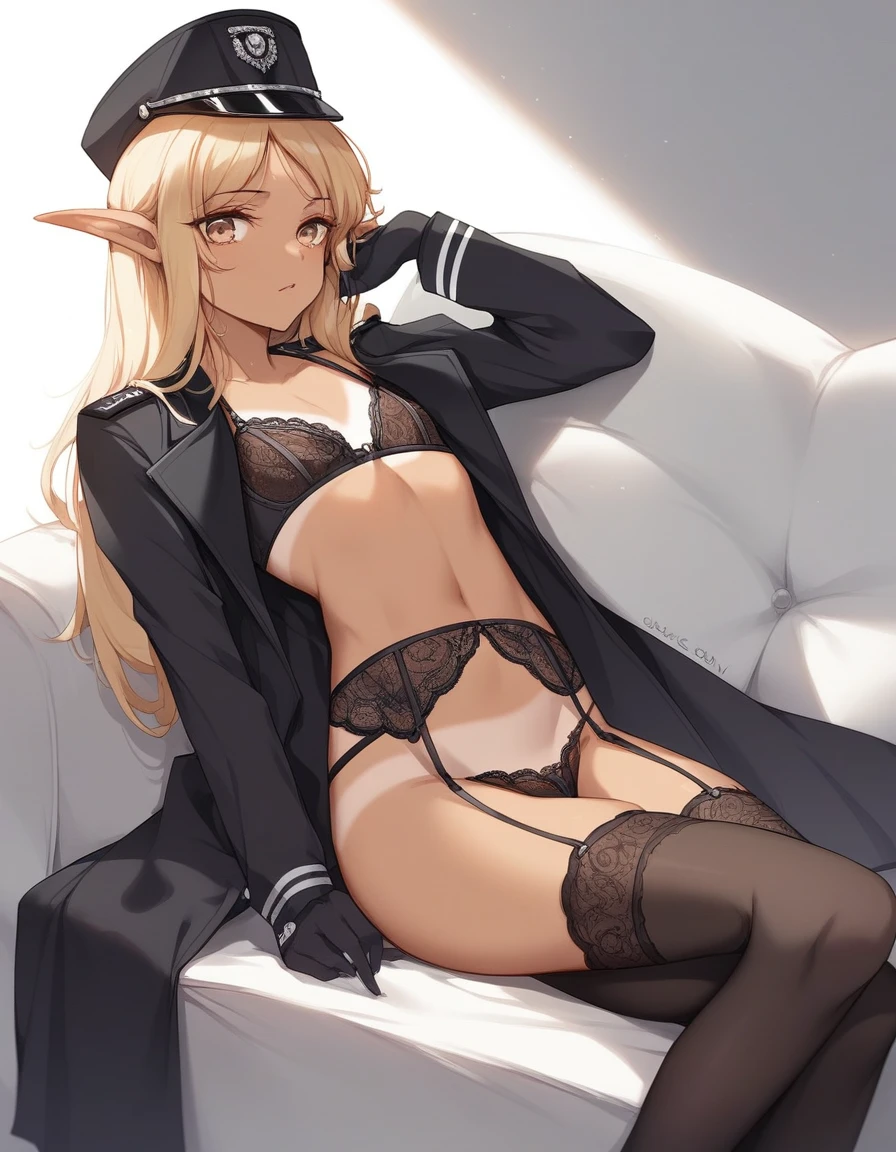 BREAK Perfect Anatomy、(High resolution:1.2)、Incredible illustrations、(Cute illustrations:1.2)、(Beautiful background)(Beautiful background,(on the couch))1gial((blonde hair,shiny hair,hair intakes:1.8,wavy long hair)(cockslut) (Black coat,Gothic combat uniform,Silk Sexy Lingerie,garter stockings,pointy ears,tan:1.7),eyepatch:1.8,) ),(a girl, 1.5meters, 40kg),,17-year-old,flat chest))