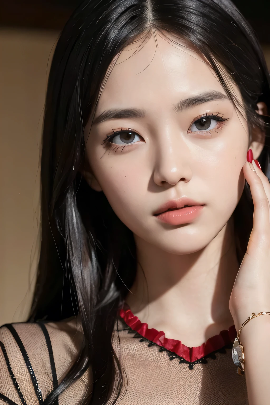 ((Highest quality)), ((masterpiece)), (detailed), Perfect Face,Very detailed,High resolution,26 years old,4K,ultra High resolution,Detailed shadows,ultra realistic,Realistic,Dramatic lighting,One woman,alone,Detailed face,Realistic eyes,Realistic skin,Red dress,Black Hair,Dynamic pose