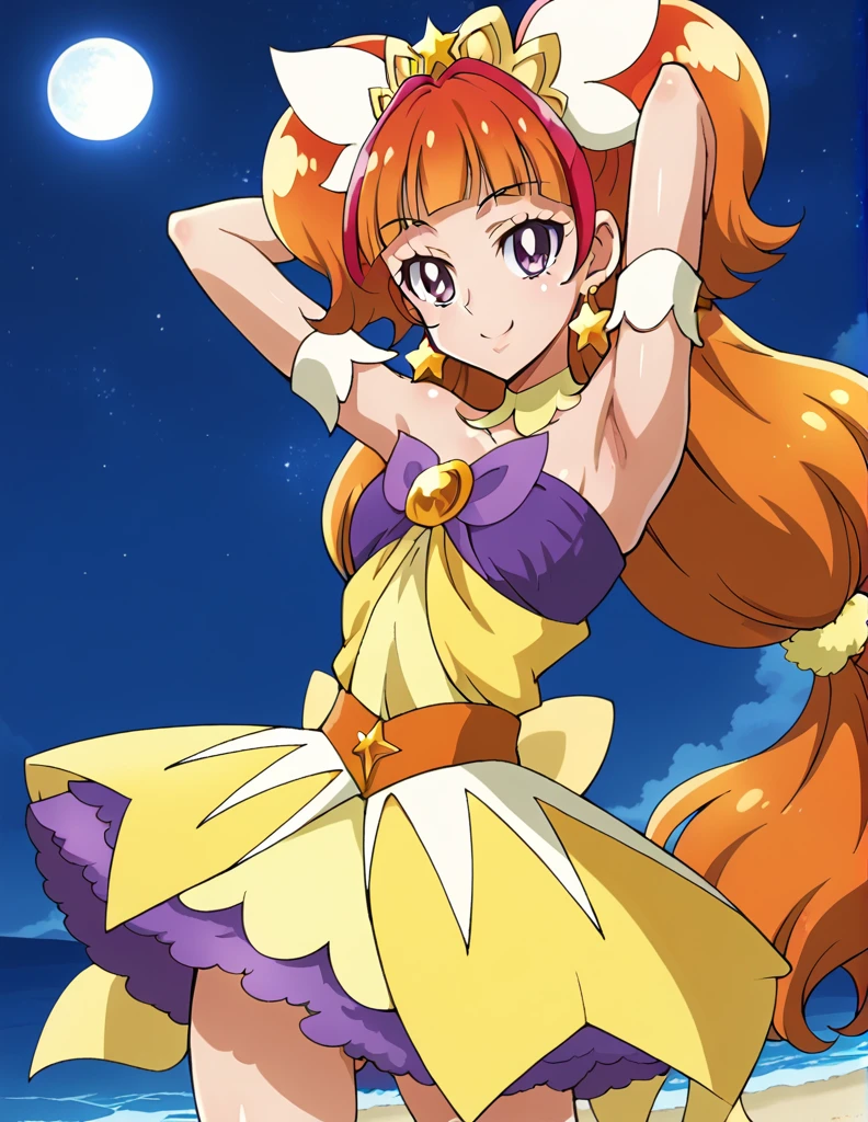 curetwinkle, shiny skin, high quality, solo, 1girl, night sky, beach, arms behind head, (contrapposto), closed mouth, spread armpits, cowboy shot, looking at viewer, smile, best quality,
