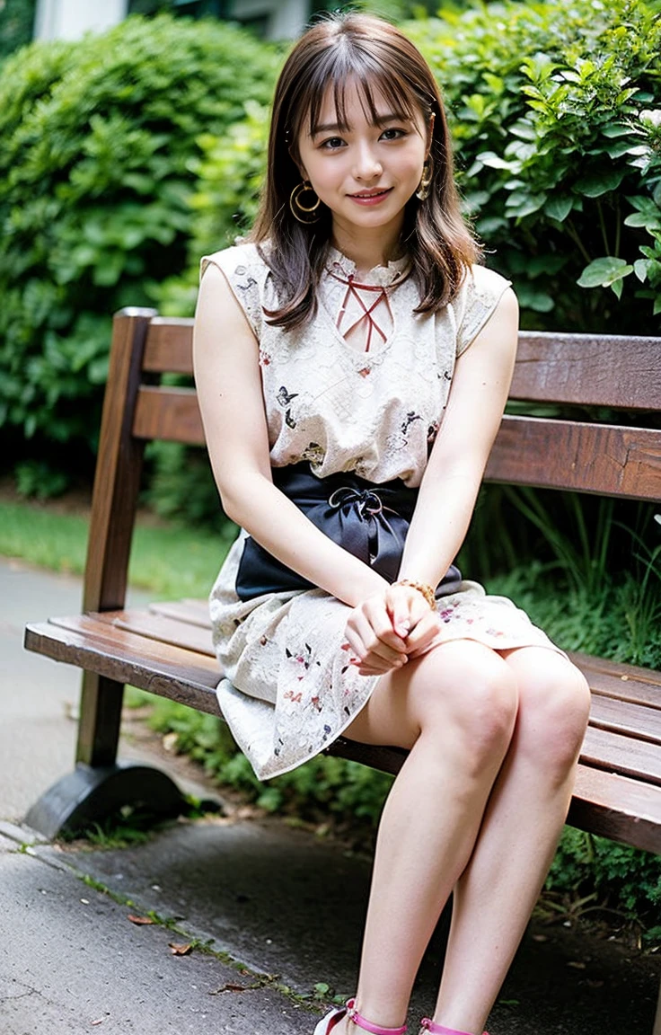 A woman with dark hair in an elegant, loose curl style and green eyes.、Sitting on a park bench in the afternoon。She is wearing a simple and elegant white blouse.、She is wearing a long skirt with a floral pattern。On her feet she wears lace-up sandals、It gives off a refreshing spring vibe.。In the background, cherry trees in full bloom々Lined up、Bright pink petals fluttering in the wind。She smiled lightly.、It looks like he is enjoying the view that unfolds before his eyes.。With a picnic basket beside her、There is an open book、I can see you enjoying a relaxing afternoon.。Her outfit consisted of small gold earrings and、Accentuate with a delicate bracelet、Highlights natural beauty and elegance。

