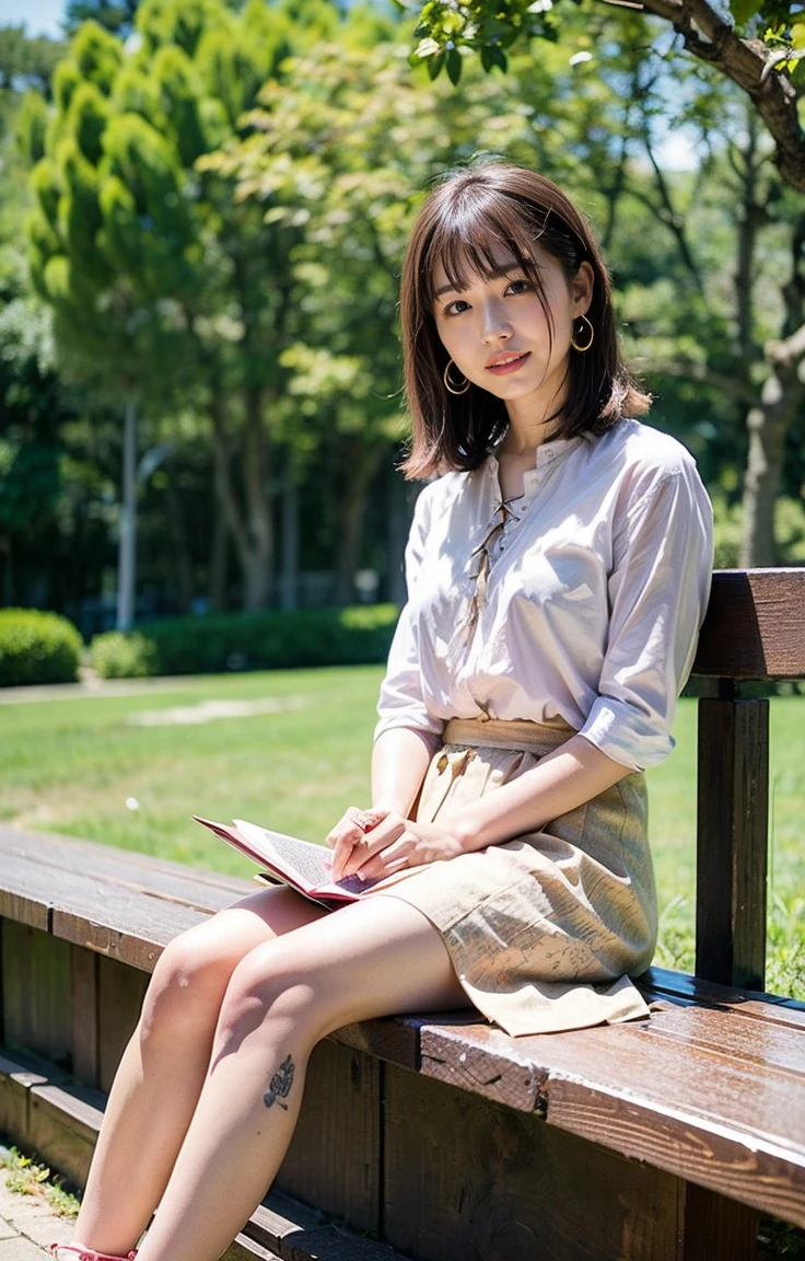 A woman with dark hair in an elegant, loose curl style and green eyes.、Sitting on a park bench in the afternoon。She is wearing a simple and elegant white blouse.、She is wearing a long skirt with a floral pattern。On her feet she wears lace-up sandals、It gives off a refreshing spring vibe.。In the background, cherry trees in full bloom々Lined up、Bright pink petals fluttering in the wind。She smiled lightly.、It looks like he is enjoying the view that unfolds before his eyes.。With a picnic basket beside her、There is an open book、I can see you enjoying a relaxing afternoon.。Her outfit consisted of small gold earrings and、Accentuate with a delicate bracelet、Highlights natural beauty and elegance。