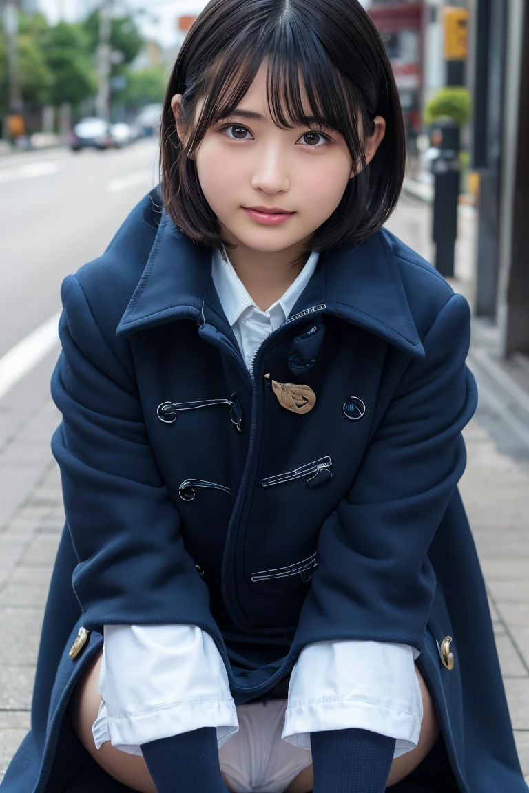 Highest quality, masterpiece, Ultra-high resolution, (Realistic:1.4), Raw photo, Very detailed, Perfect Anatomy, One girl, , Most popular Japanese idols, Squat down with your feet tightly together, Put your hand on your cheek, On the streets of Japan in winter, An innocent smile, View your viewers, ((Panty shot, Under the skirt):1.3), (((Wearing white panties))), Detailed white panties, Very beautiful thighs and knees, ((extremely beautiful detailed crotch Wearing white panties)), Very beautiful legs, (She is wearing a navy blue pleated skirt and a brown duffle long coat.), Navy blue pleated skirt with attention to detail, Brown duffle long coat with attention to detail, Wearing black loafers and white socks on both feet, Very cute face like a famous Japanese idol, Very beautiful big black round eyes, Very beautiful black short hair, Cute face with attention to detail, Large, detailed, round black eyes, Detailed beautiful short black hair