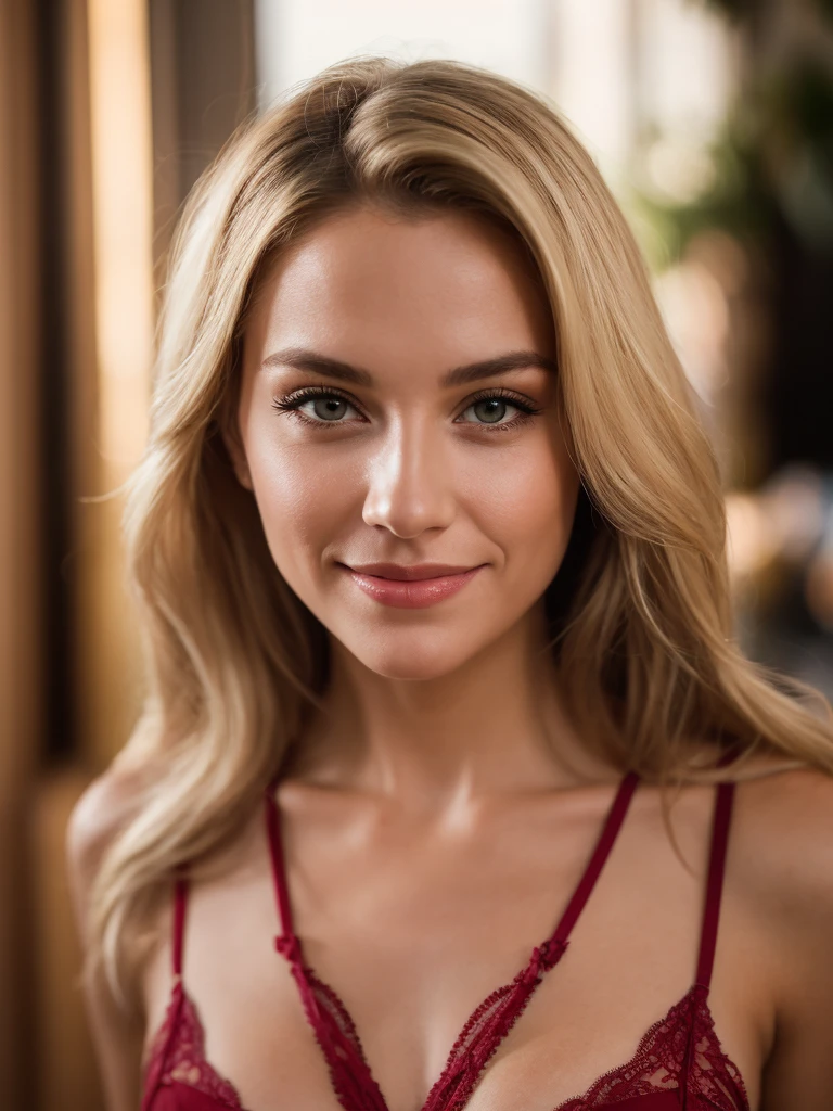 A close-up portrait of a platinum blonde sweetheart with a gentle smile, wearing a red lace lingerie set with black edges, shot by a Sony A7R IV mirrorless camera with a Sony FE 85mm f/1.4 GM lens, highlighting subtle highlights and shadows in a chiaroscuro style, featuring a vibrant color palette, captured in highly detailed and hyper-realistic 16k 